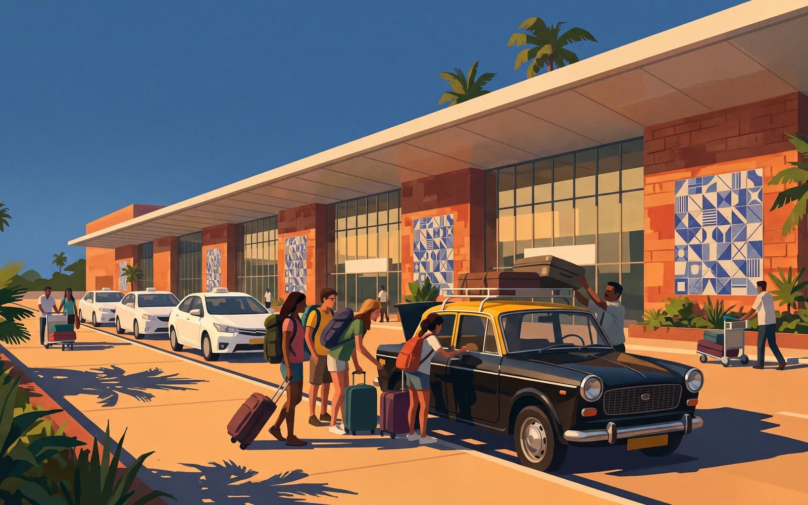 Travelers loading their bags into a shared black-and-yellow Goa taxi outside a small airport terminal at golden hour