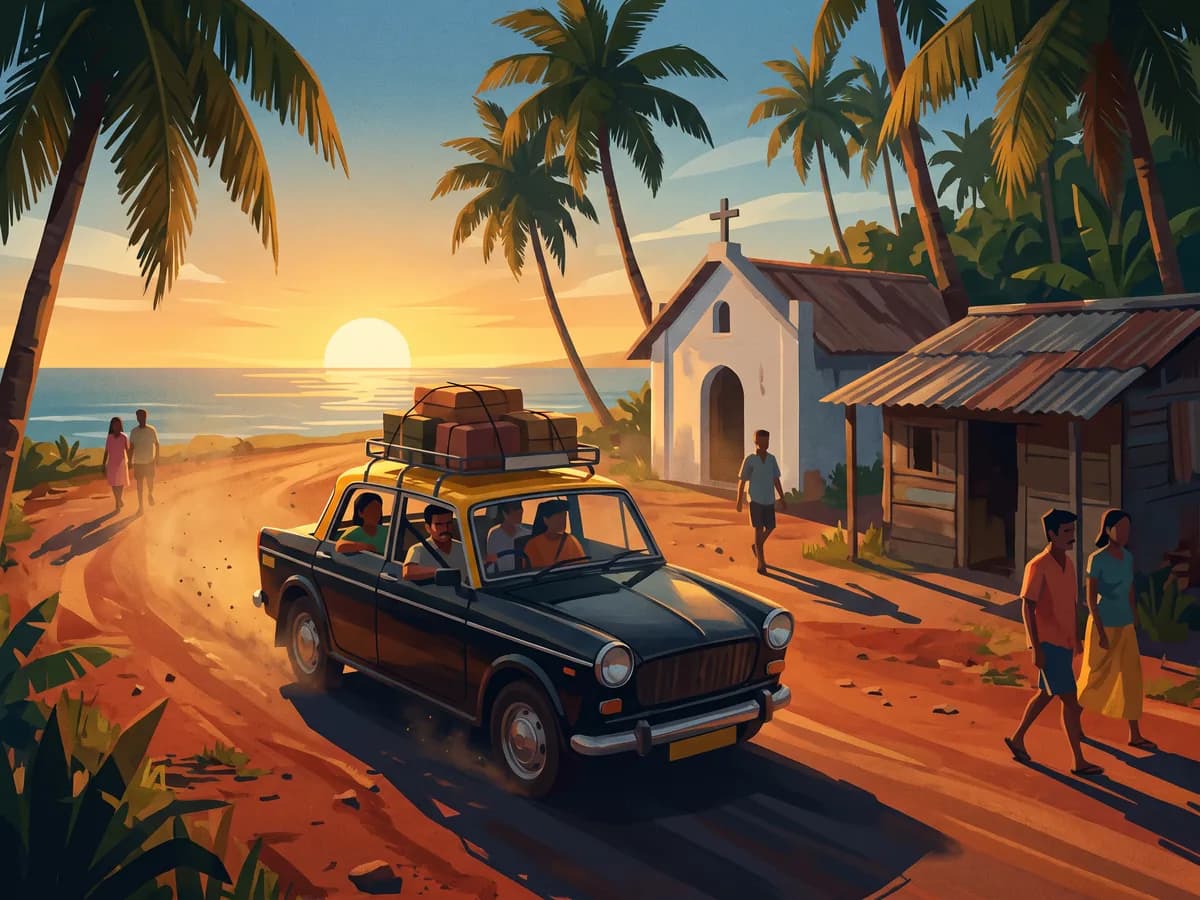 A Goa taxi with luggage on its roof on a red-earth coastal road at sunset
